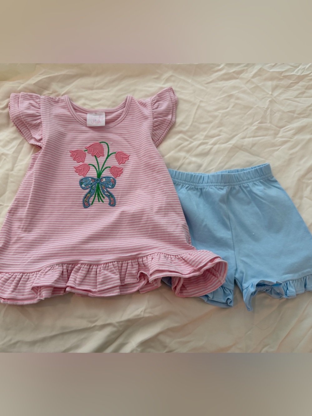 NWOT Stitchy Fish Pink Striped Ruffle Tee with Floral Applique